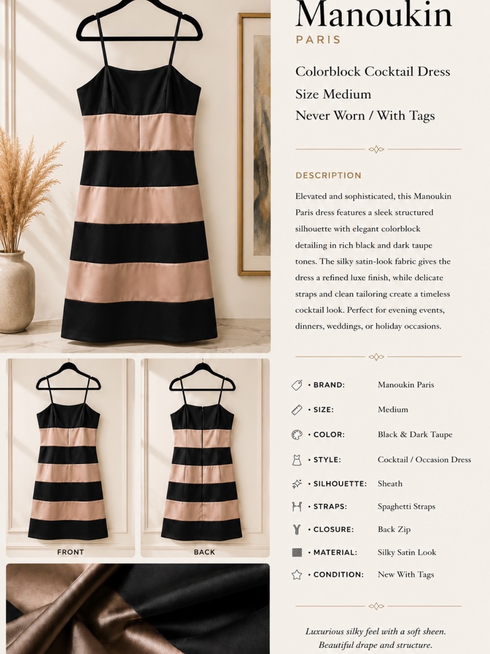 Manoukin Paris Black and Dark Taupe Striped Cocktail Dress